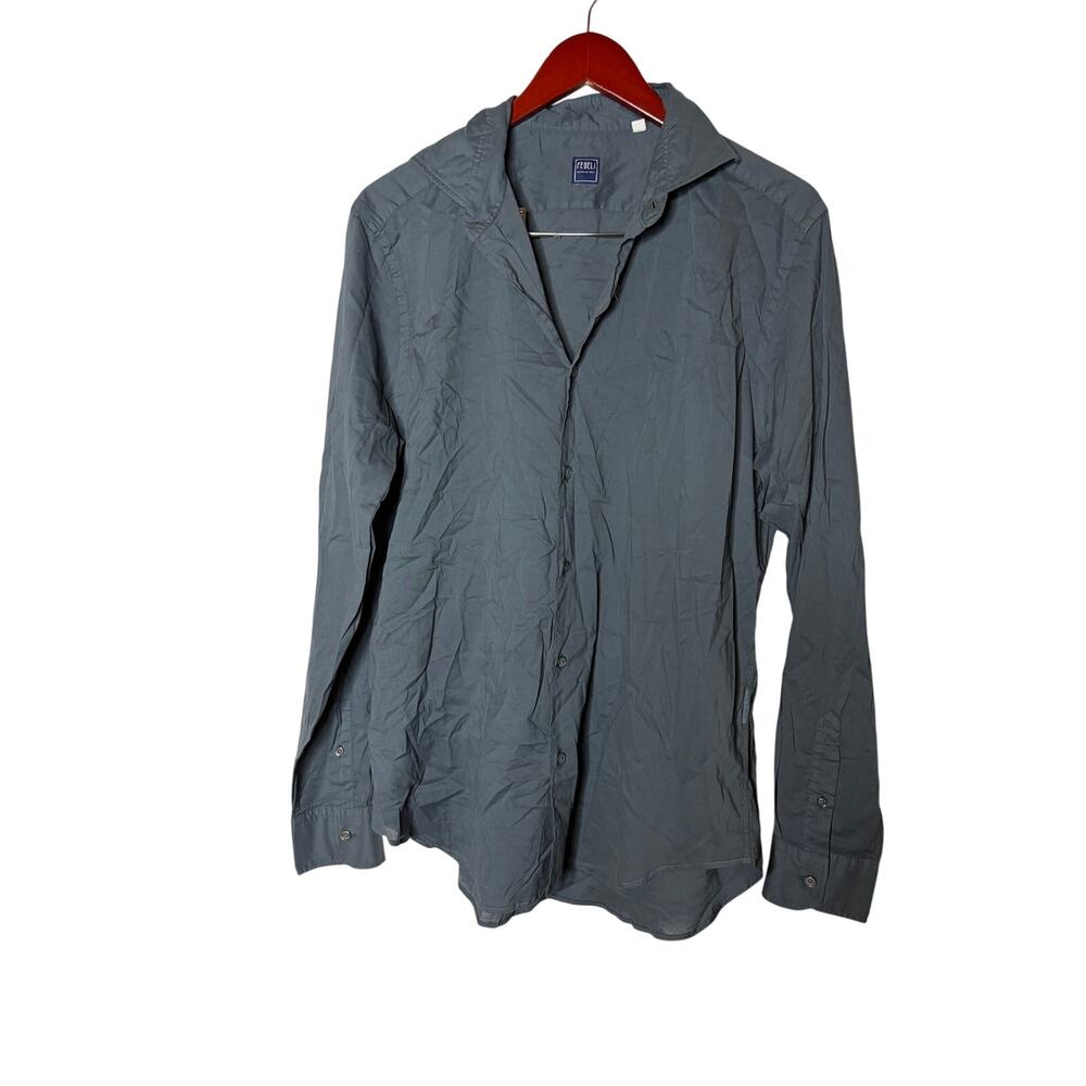 Fedeli Blue Grey lightweight cotton blend button down shirt sz 16.5
